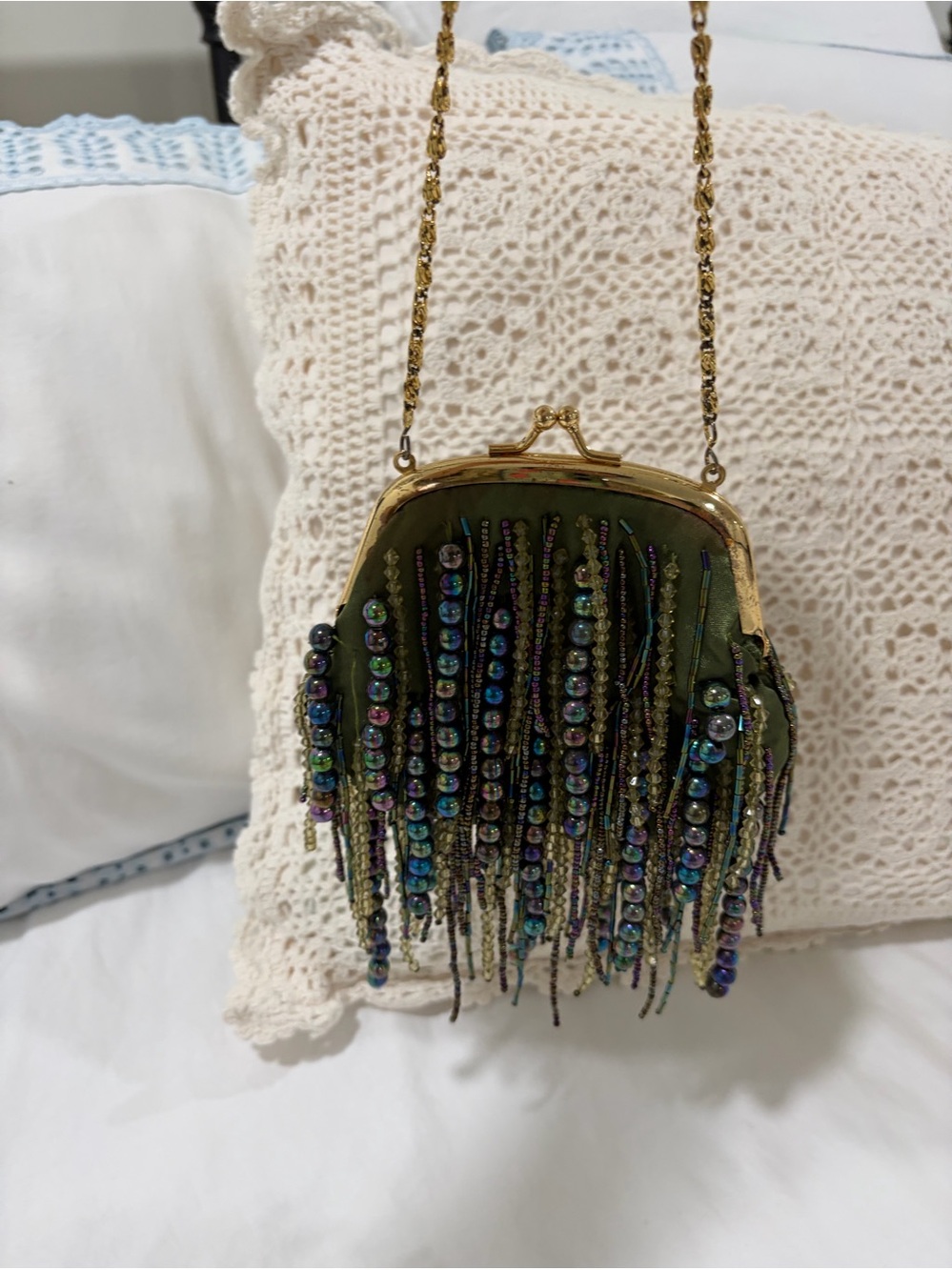Gunne Sax Olive Green Beaded Fringe Mini Bag
